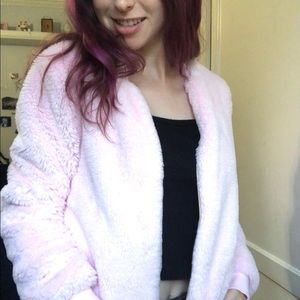 fuzzy pink bomber jacket